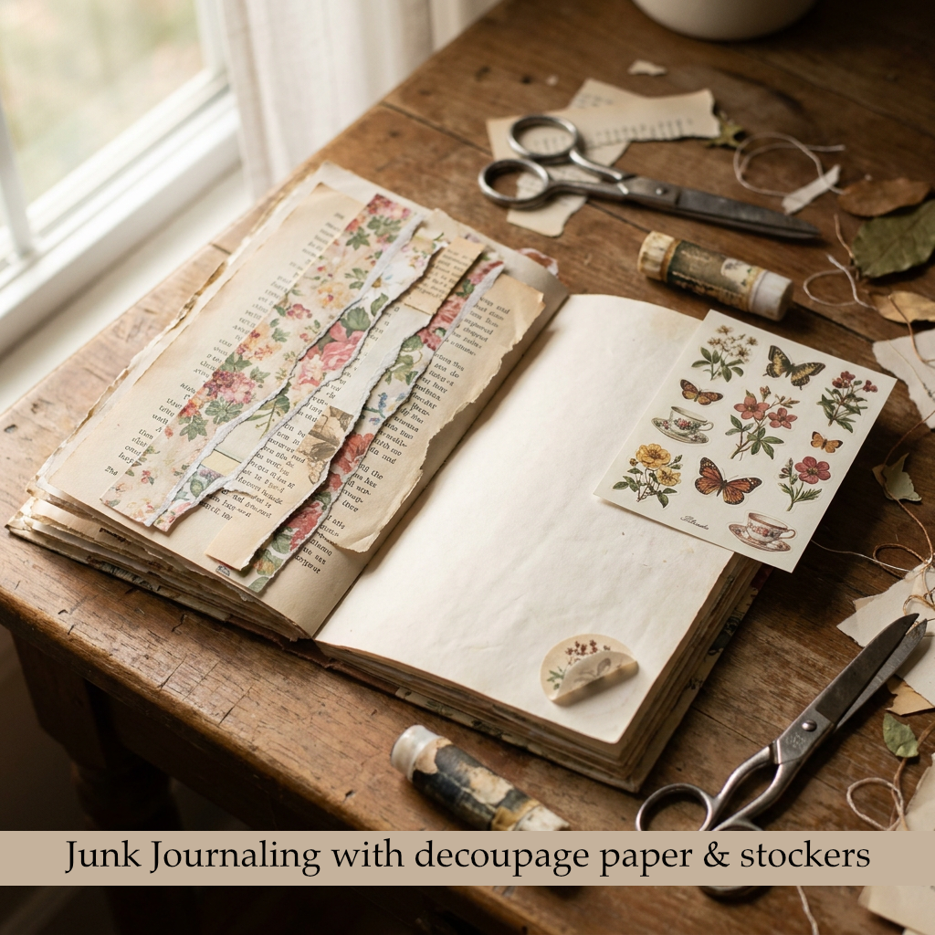 Junk Journaling with decoupage paper and stickers