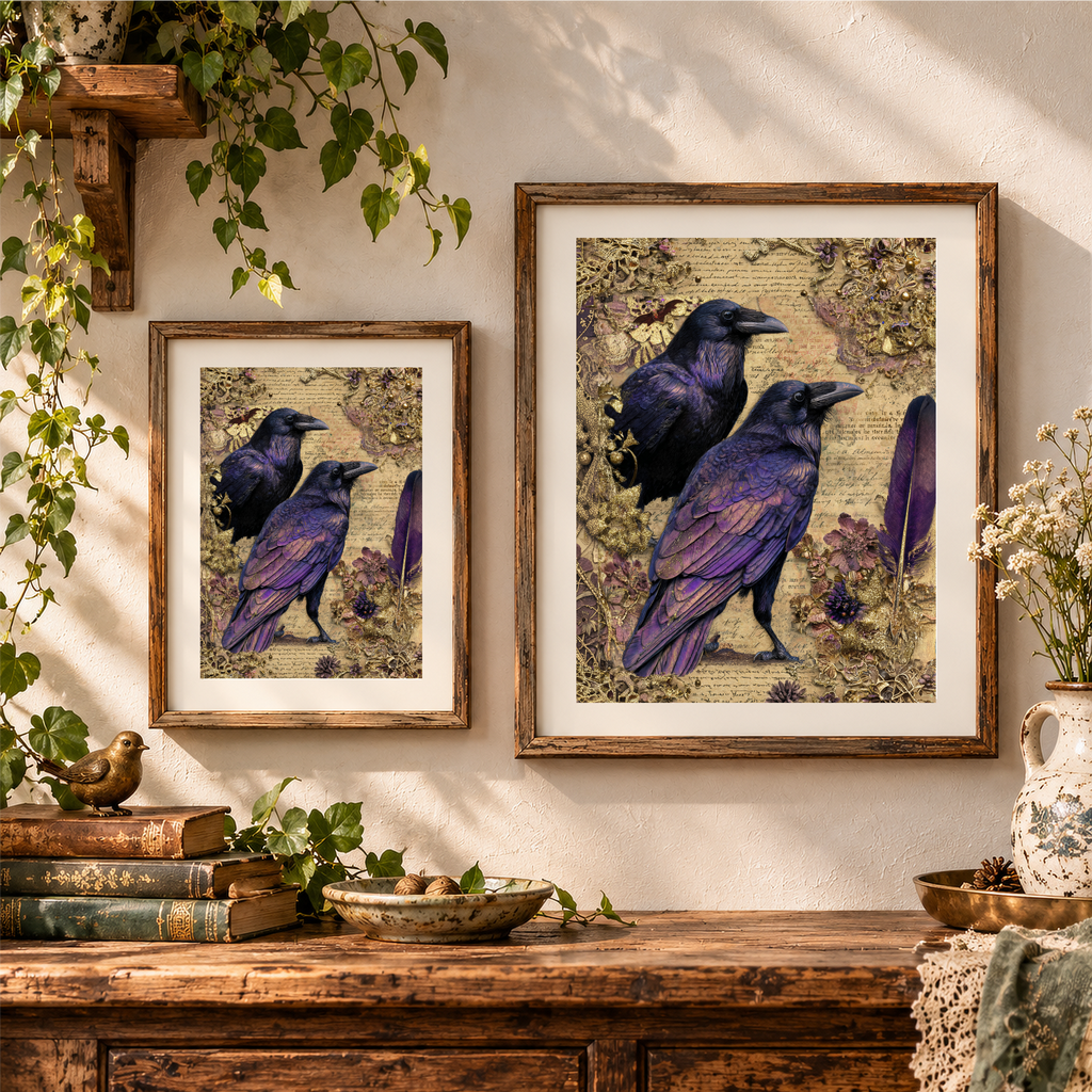 Ravens & Gilded Pages artwork displayed in two wooden frames on a cream wall.