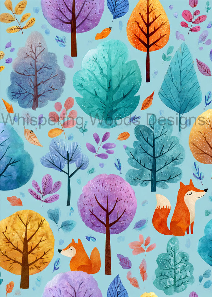 Watermarked Woodland Whimsy preview showing orange foxes and colorful woodland trees. Purchased files are watermark-free.