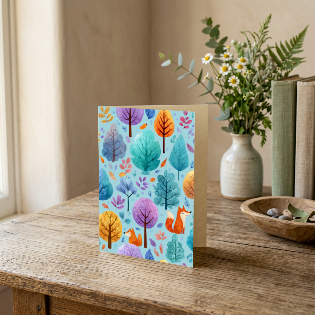 Woodland Whimsy portrait greeting card with orange foxes and colorful trees on a wooden table.