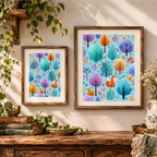 Woodland Whimsy fox and colorful tree artwork displayed in two wooden frames.
