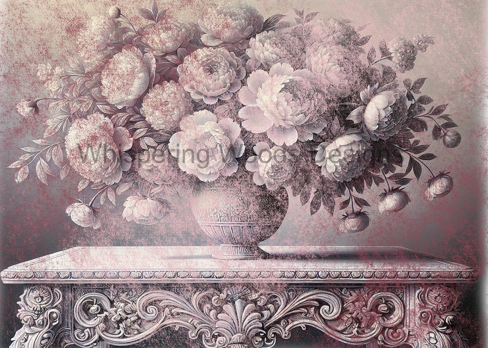 Watermarked preview of Quiet Opulence peonies in an urn above an ornate carved table. Purchased files are watermark-free.