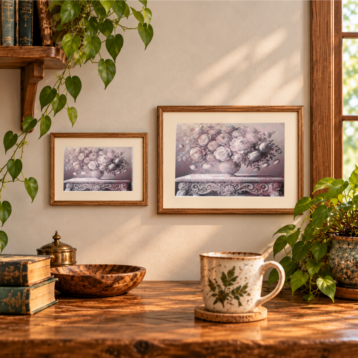 Quiet Opulence floral artwork displayed in two landscape wooden frames.