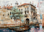 Watermarked preview of Venetian Waterways featuring gondolas, historic architecture and vintage handwriting. Purchased files are watermark-free.