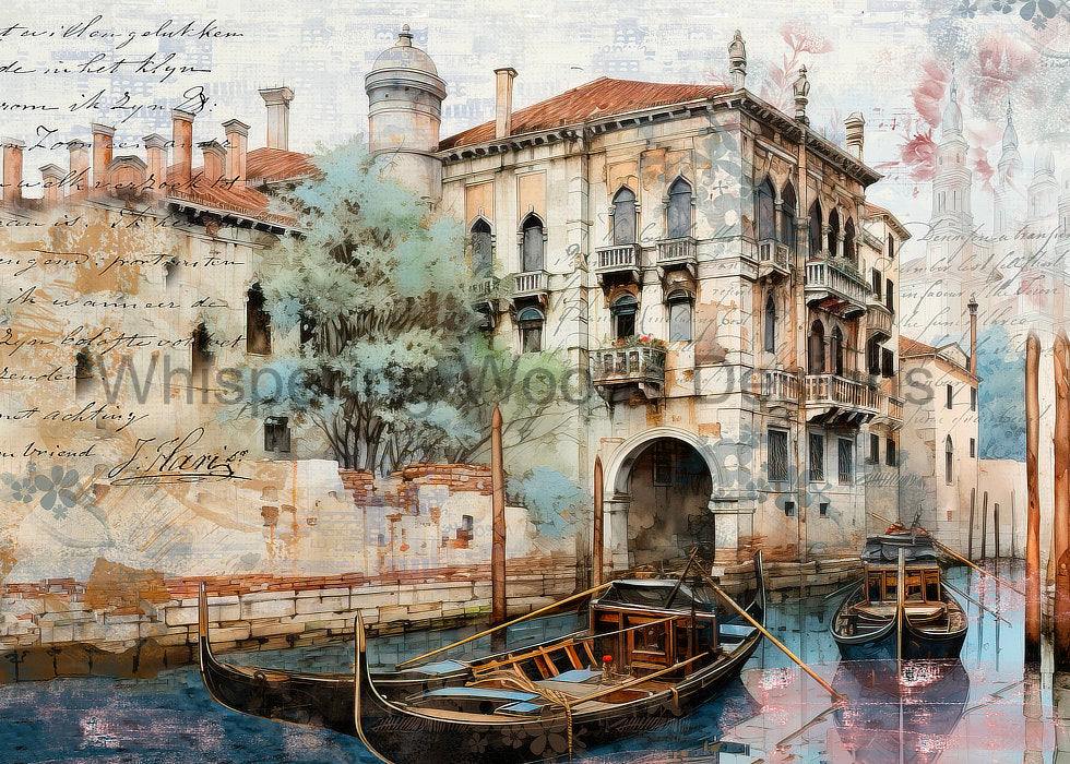 Watermarked preview of Venetian Waterways featuring gondolas, historic architecture and vintage handwriting. Purchased files are watermark-free.