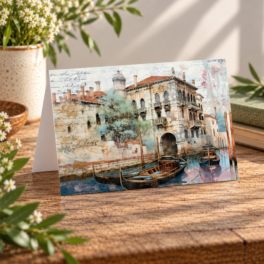 Venetian Waterways landscape greeting card featuring gondolas and historic canal-side architecture.