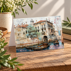 Venetian Waterways landscape greeting card featuring gondolas and historic canal-side architecture.