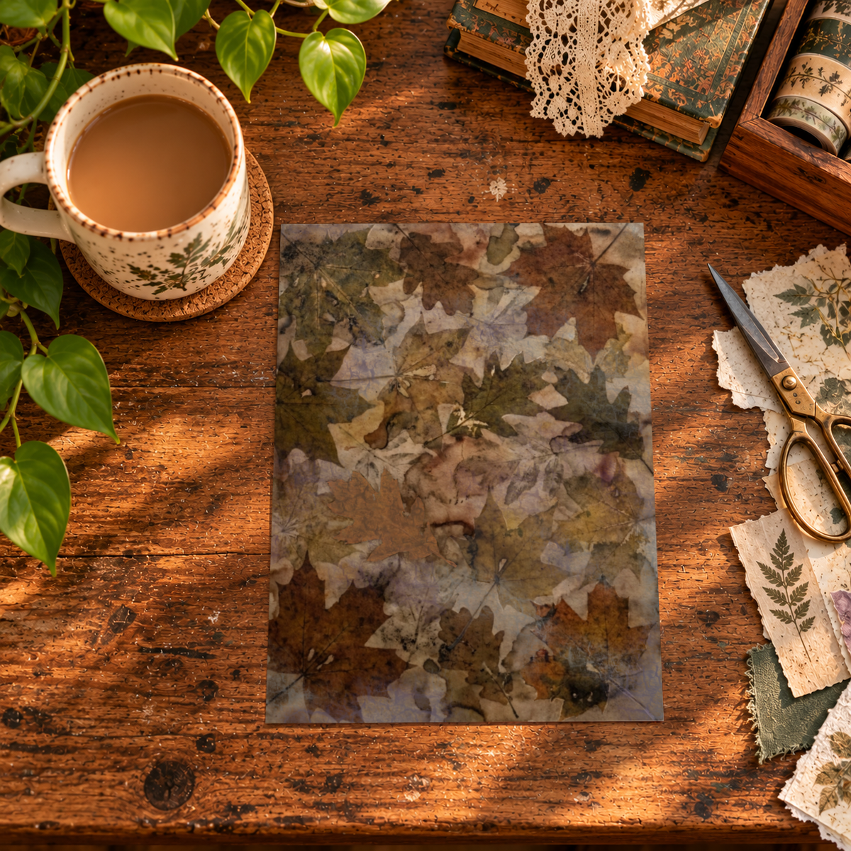Autumn Impressions leaf-patterned paper displayed on a wooden craft table with scissors and botanical papers.