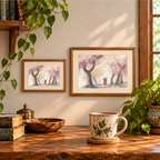 Stroll in Japan blossom-tree artwork displayed in two landscape wooden frames.