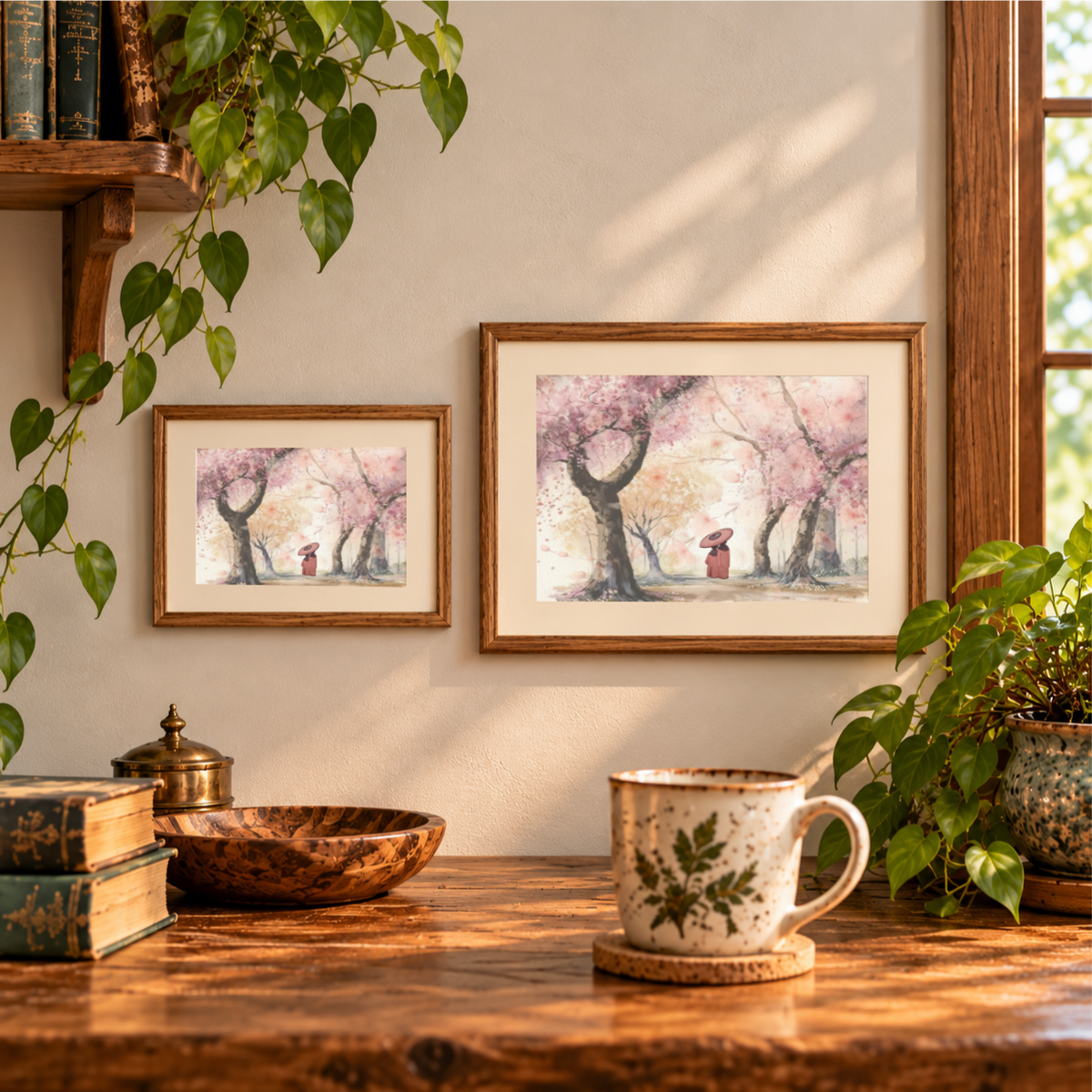 Stroll in Japan blossom-tree artwork displayed in two landscape wooden frames.