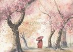 Watermarked preview of Stroll in Japan, a figure with a pink parasol beneath flowering trees. Purchased files are watermark-free.
