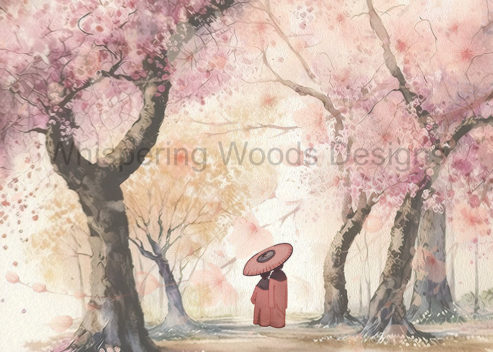Watermarked preview of Stroll in Japan, a figure with a pink parasol beneath flowering trees. Purchased files are watermark-free.
