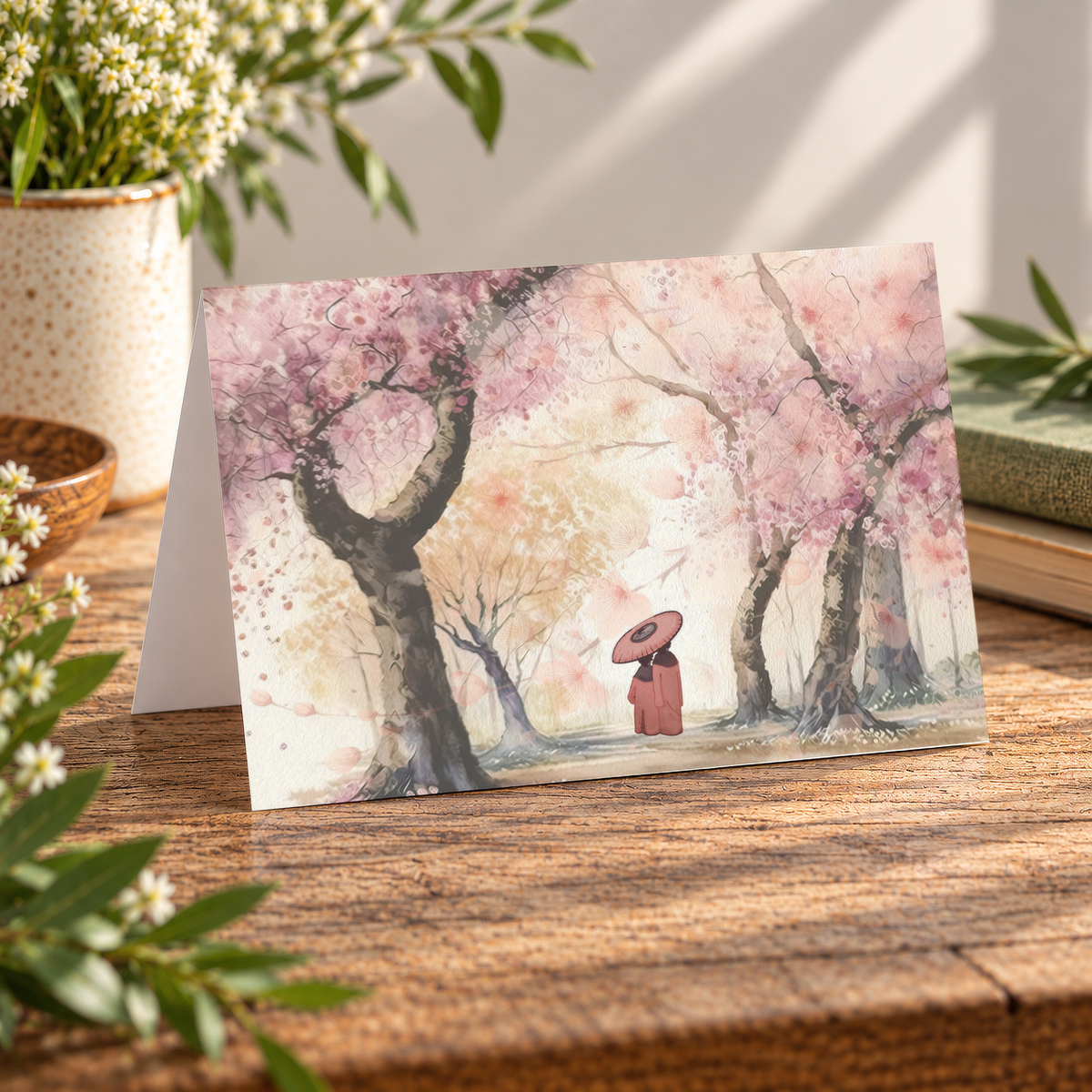 Stroll in Japan landscape greeting card showing two people beneath pink flowering trees.