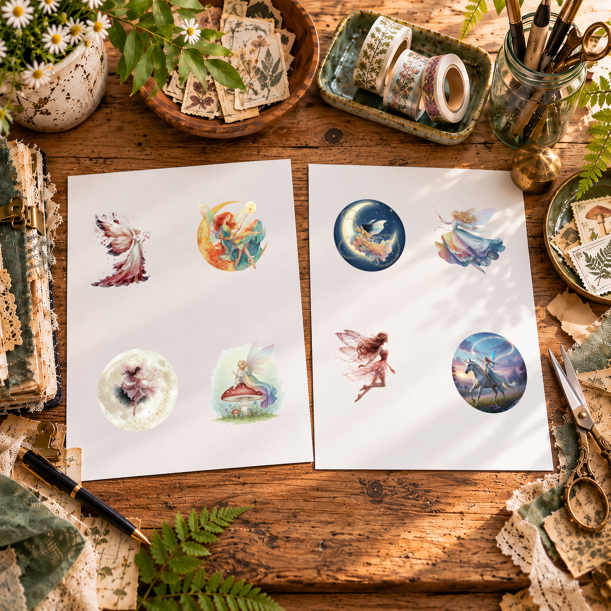 Two Enchanted Fairies printable sheets with four designs each, displayed on a wooden crafting table.