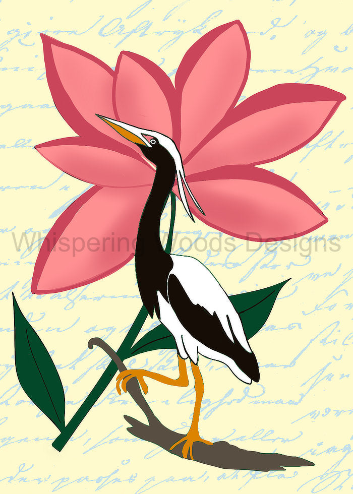 Watermarked preview of Egret in Bloom featuring a black-and-white bird, pink flower and green leaves. Purchased files are watermark-free.