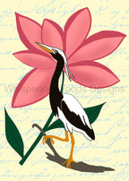 Watermarked preview of Egret in Bloom featuring a black-and-white bird, pink flower and green leaves. Purchased files are watermark-free.