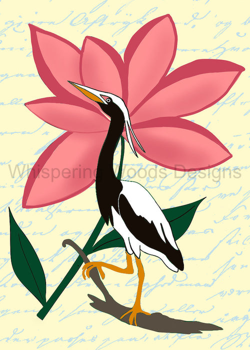 Watermarked preview of Egret in Bloom featuring a black-and-white bird, pink flower and green leaves. Purchased files are watermark-free.