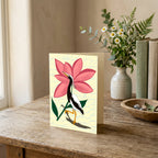Egret in Bloom portrait greeting card featuring a black-and-white bird and bold pink flower.