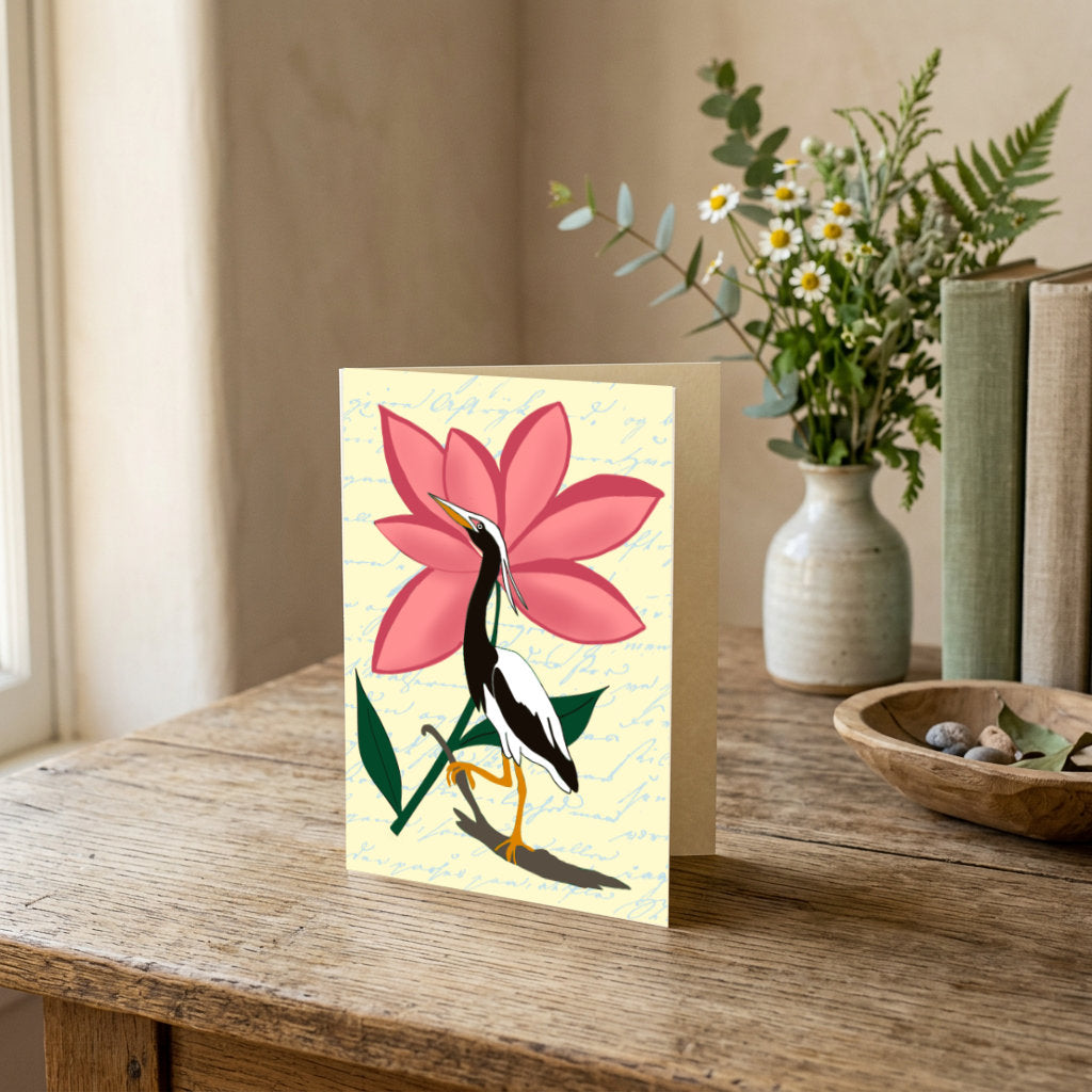 Egret in Bloom portrait greeting card featuring a black-and-white bird and bold pink flower.