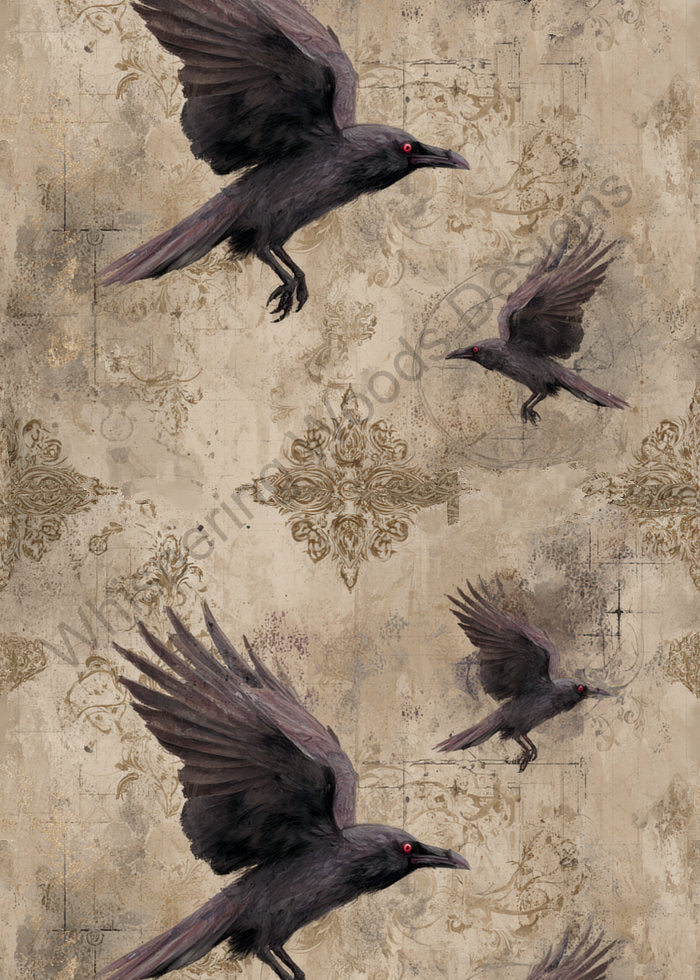 Watermarked preview of Raven Tapestry featuring flying ravens on aged ornamental parchment. Purchased files are watermark-free.