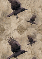 Watermarked preview of Raven Tapestry featuring flying ravens on aged ornamental parchment. Purchased files are watermark-free.