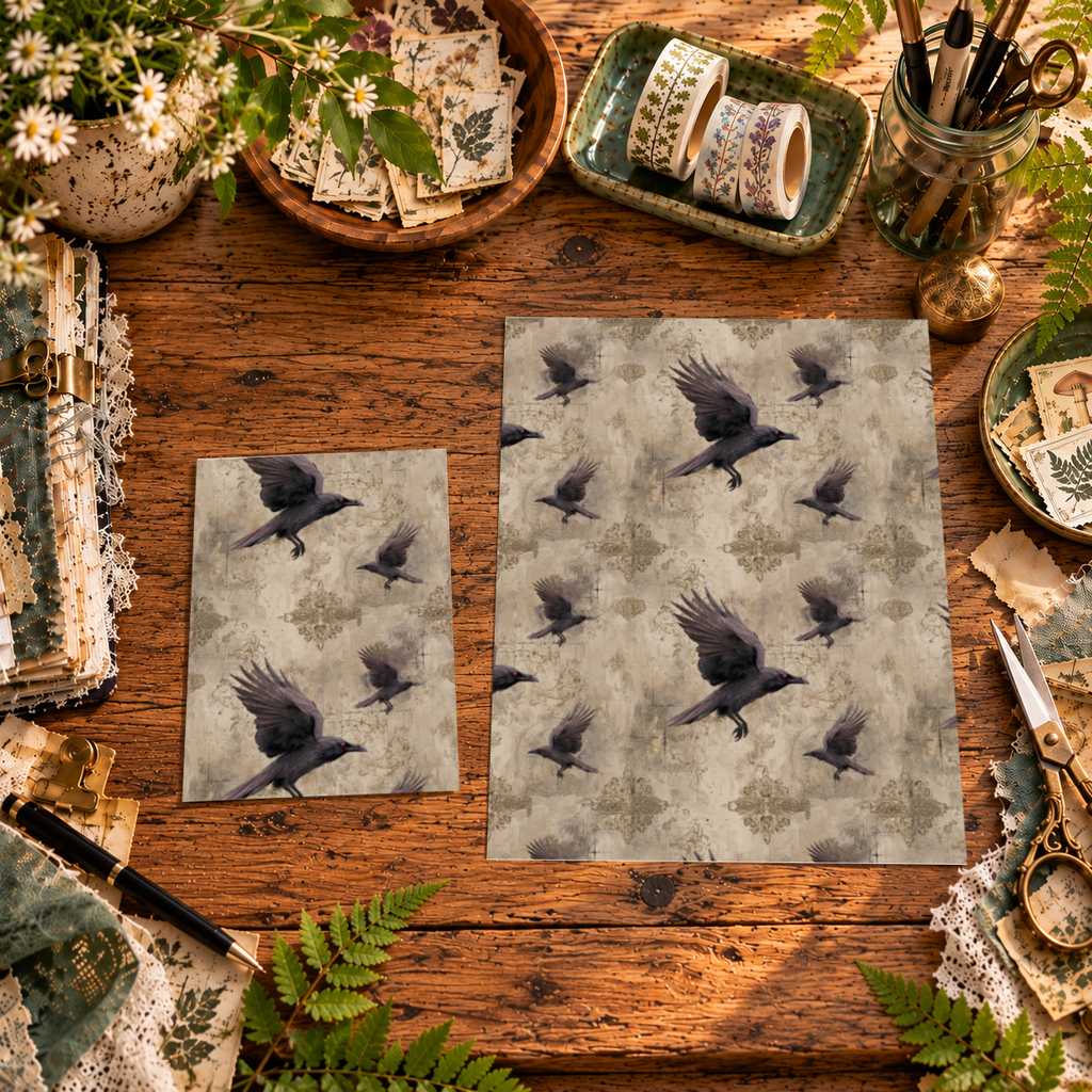 Raven Tapestry printable papers in two sizes displayed on a wooden crafting table.