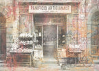 Watermarked preview of Morning at the Panificio featuring a bakery storefront, bicycle and cat. Purchased files are watermark-free.