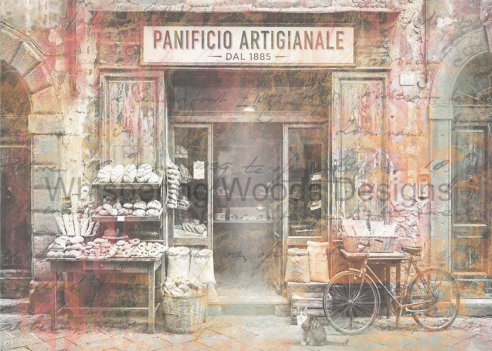 Watermarked preview of Morning at the Panificio featuring a bakery storefront, bicycle and cat. Purchased files are watermark-free.