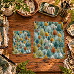 Woodland Wanderers printable papers in two sizes displayed on a wooden crafting table.