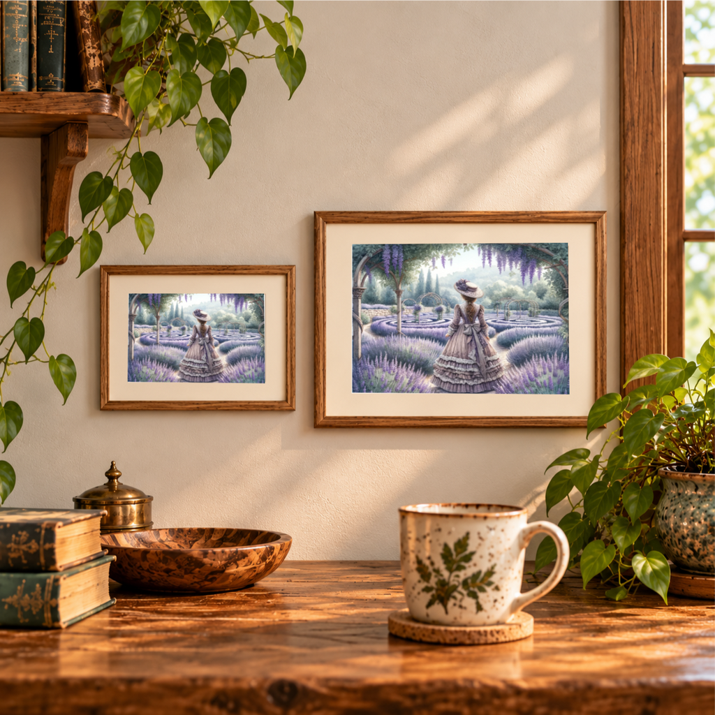 Lavender Reverie garden artwork displayed in two landscape wooden frames.