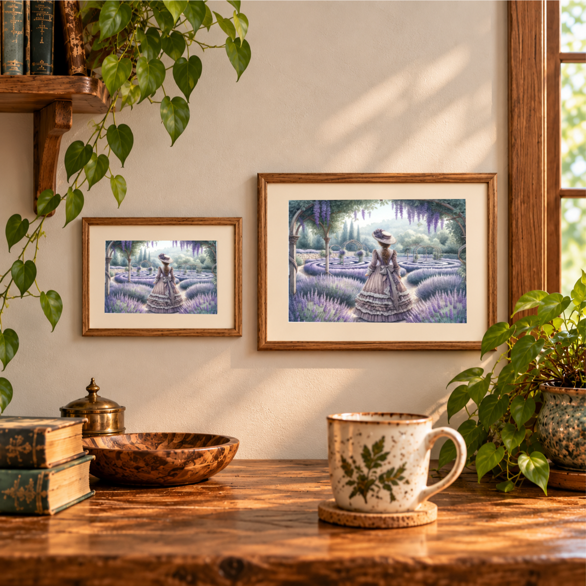 Lavender Reverie garden artwork displayed in two landscape wooden frames.