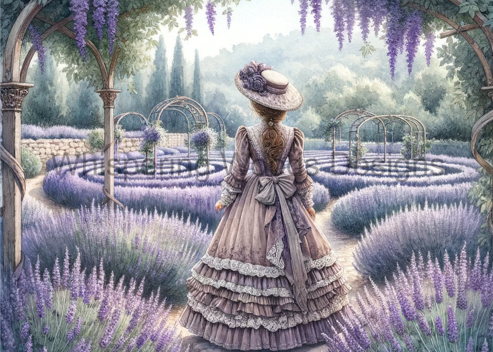 Watermarked preview of Lavender Reverie showing a Victorian-inspired woman among lavender beds and garden arbors. Purchased files are watermark-free.