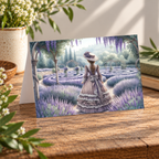Lavender Reverie landscape greeting card featuring a Victorian-inspired woman in a lavender garden.