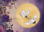 Watermarked preview of Moonlit Flight showing two cranes flying across a golden moon beside purple florals. Purchased files are watermark-free.