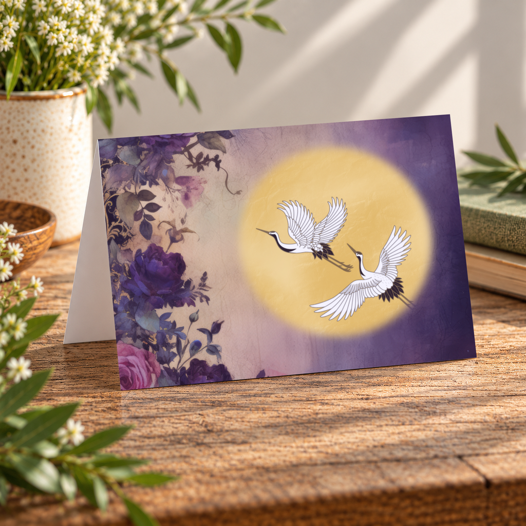 Moonlit Flight landscape greeting card featuring two cranes flying across a golden moon beside purple florals.