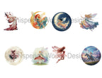 Watermarked preview of all eight Enchanted Fairies designs, including moon, mushroom and unicorn scenes. Purchased files are watermark-free.