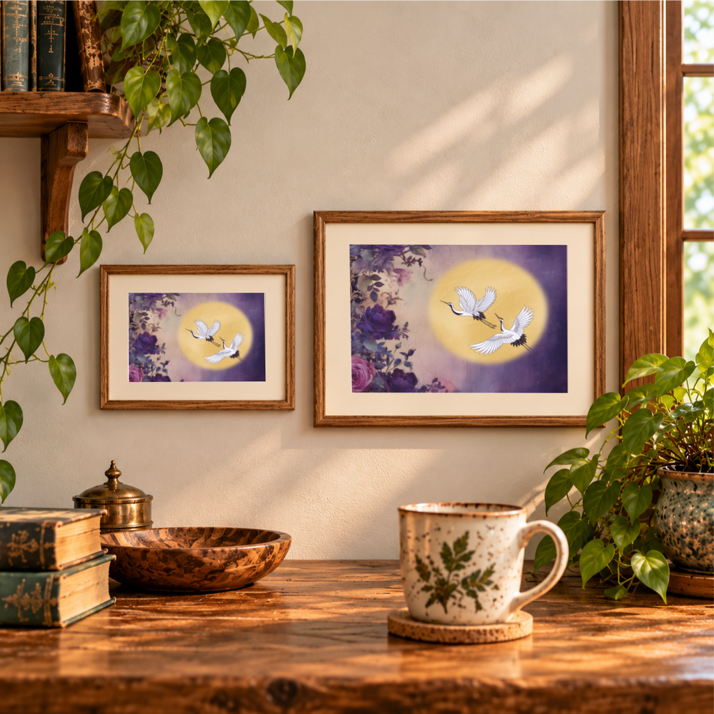 Moonlit Flight crane and golden moon artwork displayed in two landscape wooden frames.