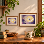Moonlit Flight crane and golden moon artwork displayed in two landscape wooden frames.