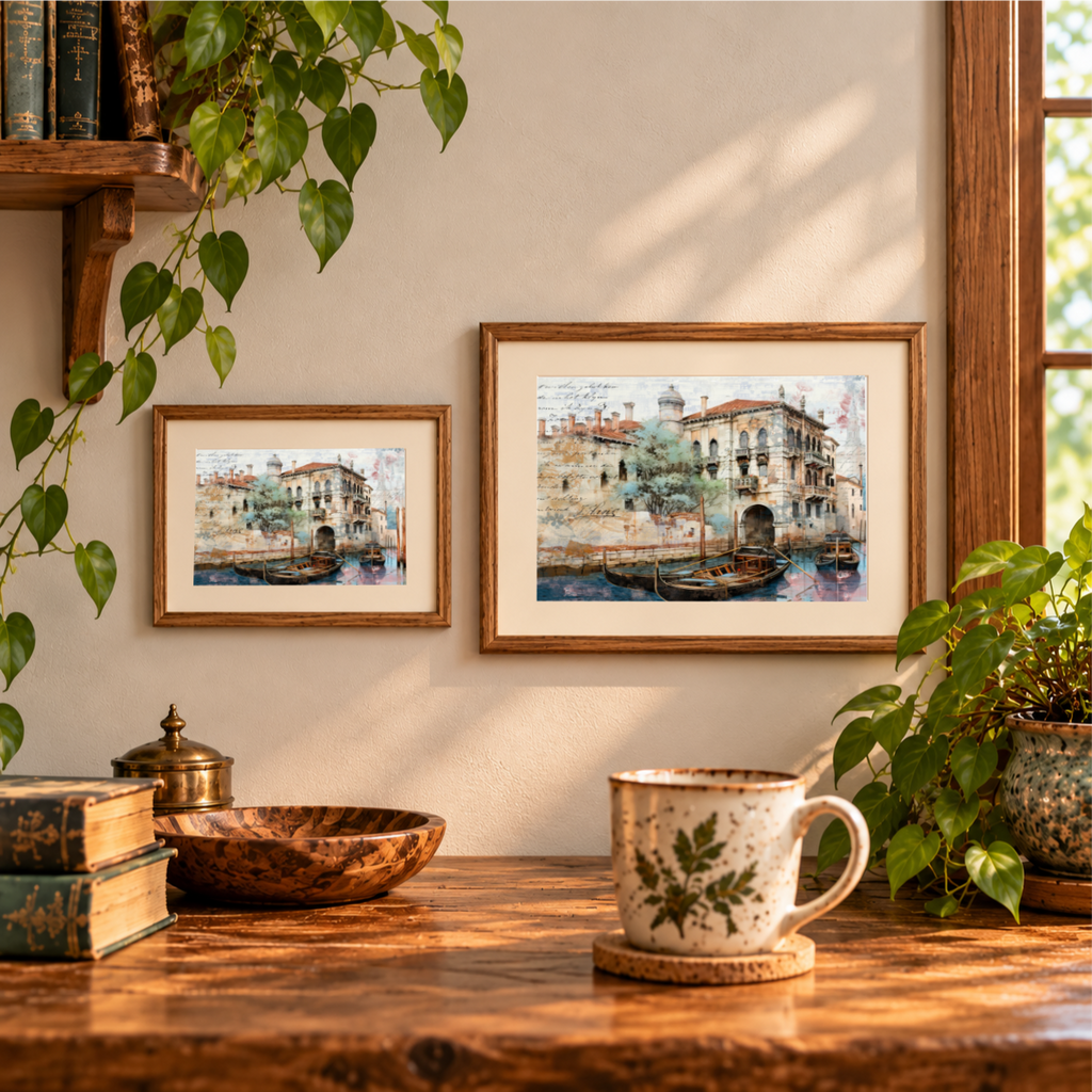 Venetian Waterways canal artwork displayed in two landscape wooden frames.
