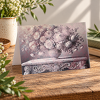 Quiet Opulence landscape greeting card showing peonies and an ornate table, displayed on a wooden surface.