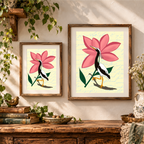 Egret in Bloom bird and pink flower artwork displayed in two portrait wooden frames.