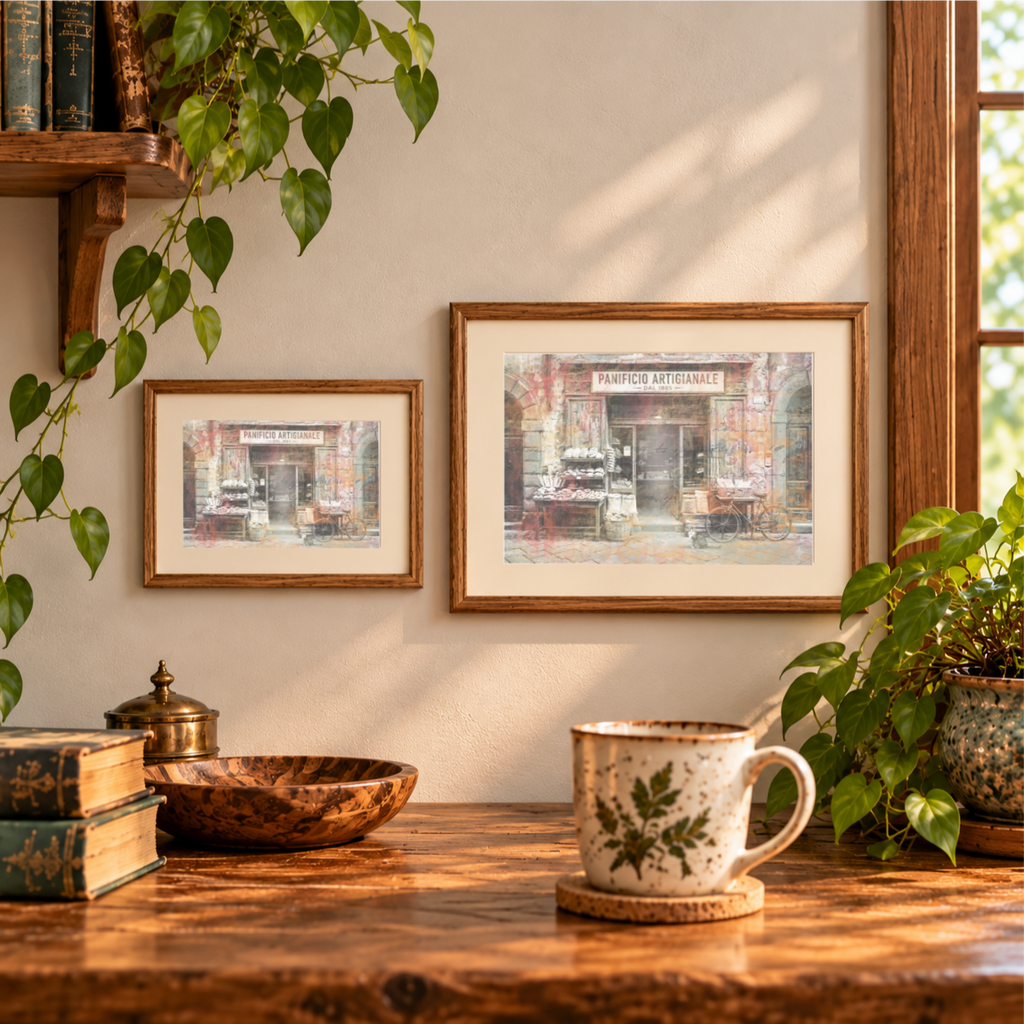 Morning at the Panificio Italian bakery artwork displayed in two landscape wooden frames.