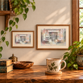 Morning at the Panificio Italian bakery artwork displayed in two landscape wooden frames.