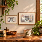 Morning at the Panificio Italian bakery artwork displayed in two landscape wooden frames.